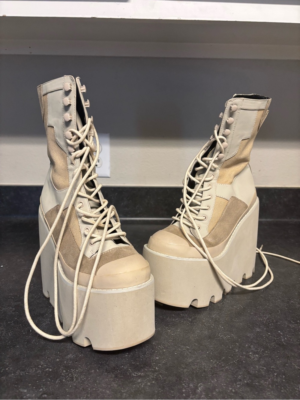Chunky Platform Lace-Up Boots in Beige